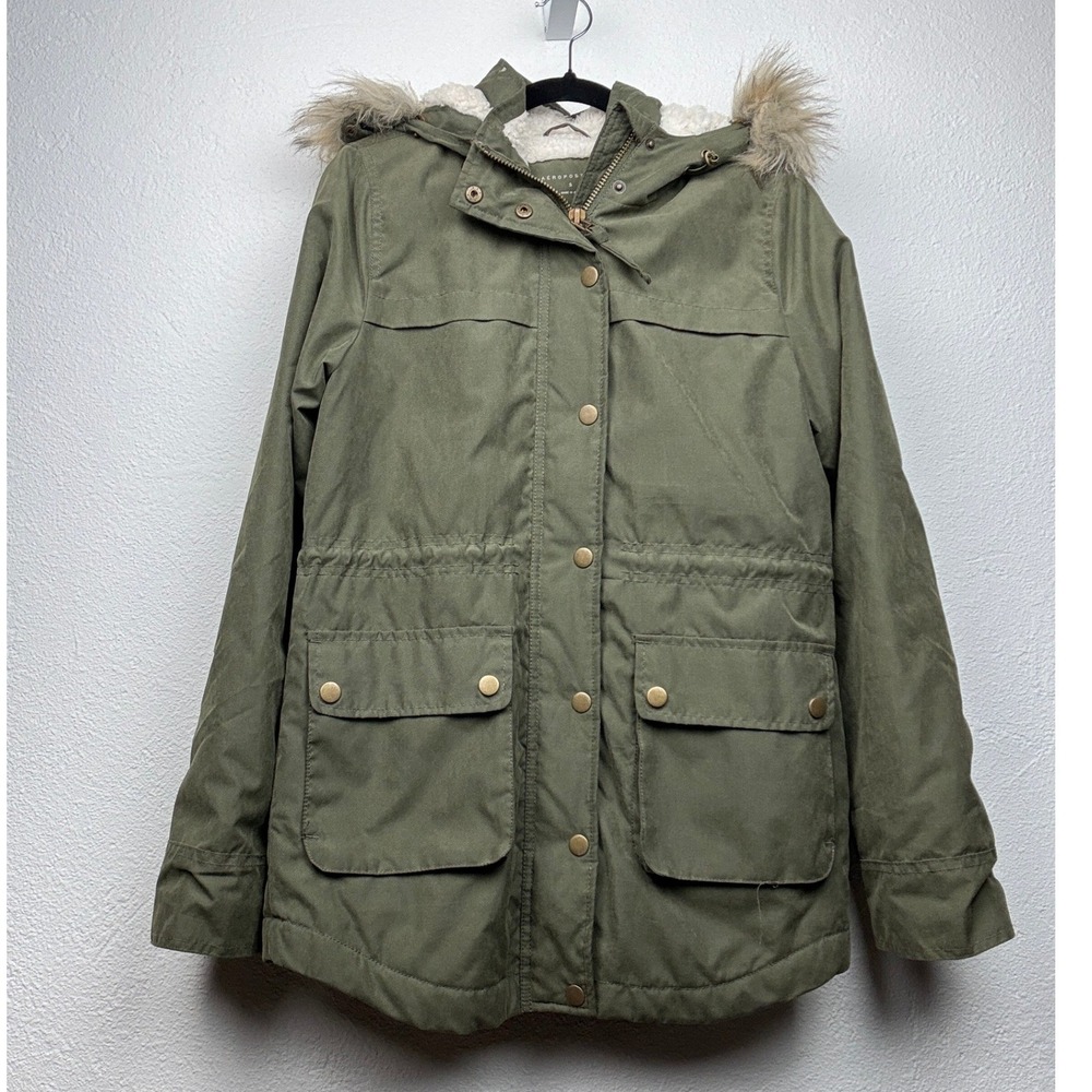 Aeropostale Olive Green Parka Jacket - S - Sherpa Hood Faux Fur Utility Gorpcore